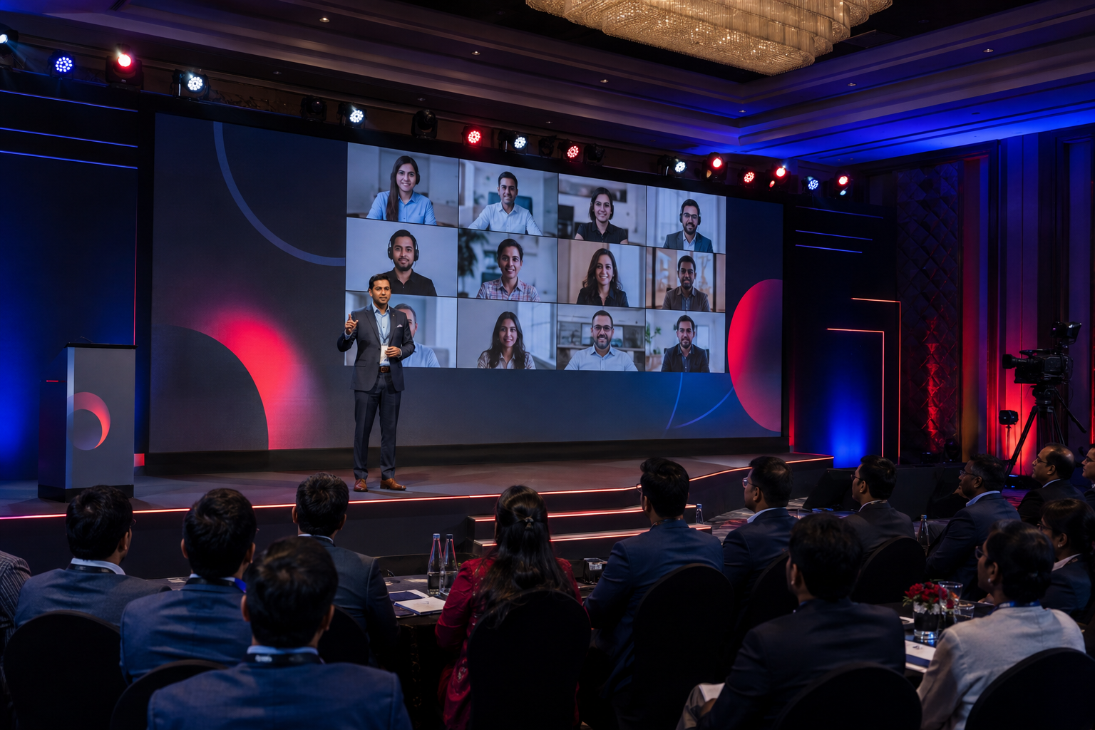 Corporate hybrid event with an on-stage speaker and remote participants